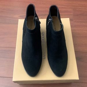 Super cute black suede booties with side cutout - 2.5” block heel.